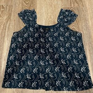 J. Crew Navy Floral Cap Sleeve Button Up Top XS